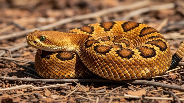 A copperhead snake coiled on forest floor among twigs and leaves