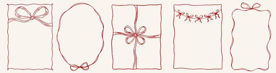 Hand drawn vintage Valentine's day frames with bow and ribbons. Whimsical borders for greeting cards, wedding and birthday party, invitations in cute elegant coquette style. Vector line art 