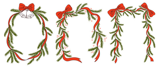 Naklejka premium Hand drawn Christmas frames with fir tree branches and bow. Vintage decoration border with ribbons in doodle style for poster, placards and party invitations. Vector holiday Christmas New Year design 