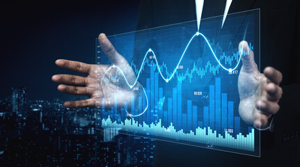 A businessman analyzes financial data displayed on a digital screen, showcasing stock market trends against a mesmerizing city skyline at night. Scalp