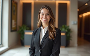a professional woman smiling in business clothes in a modern concierge office with luxury details in the architecture. High quality