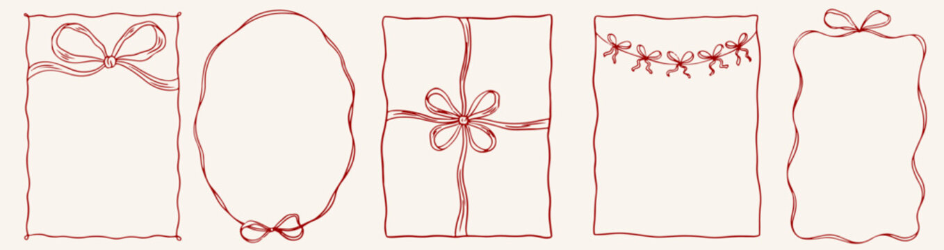 Hand drawn vintage Valentine's day frames with bow and ribbons. Whimsical borders for greeting cards, wedding and birthday party, invitations in cute elegant coquette style. Vector line art 
