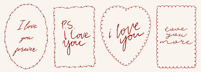 Fototapeta na wymiar Hand drawn line art Valentine frames. Vintage whimsical frames for greeting cards, wedding and birthday party, picnic invitations. Vector elegant coquette line art backgrounds.
