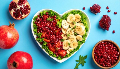 Heart shaped healthy salad with pomegranate and banana on blue background.