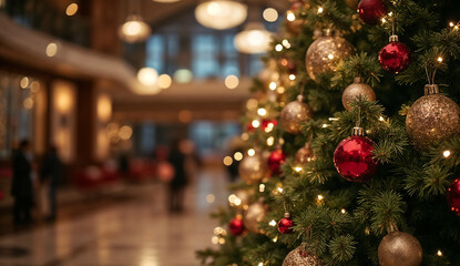 Festive Christmas tree with modern hotel lobby in the background.