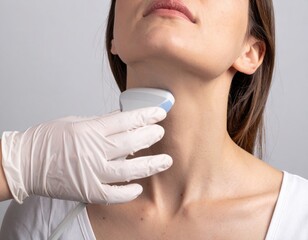 Doctor performing ultrasound on a woman's neck for thyroid examination