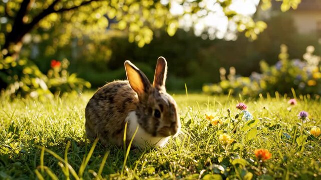 A cute bunny rabbit in a sunny green field, enjoying the day.