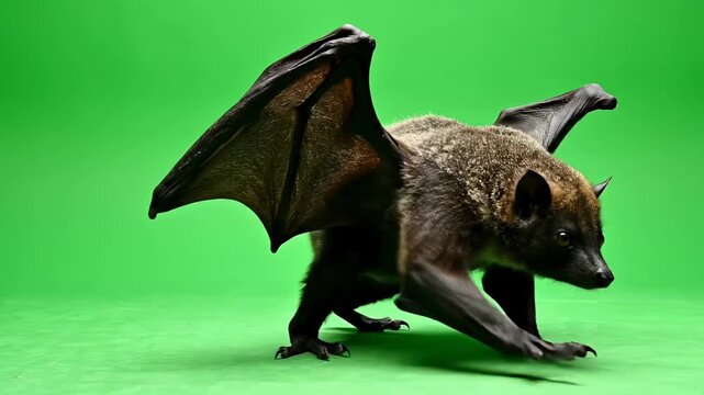 Enigmatic fruit bat sequence: A captivating studio shot against a green background showcasing