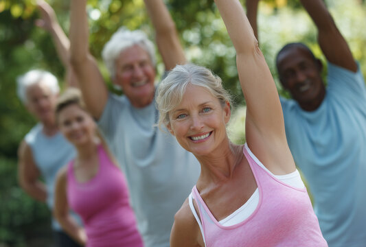 Group of people exercising outdoors in a park during a fitness class on a sunny day - Powered by Adobe