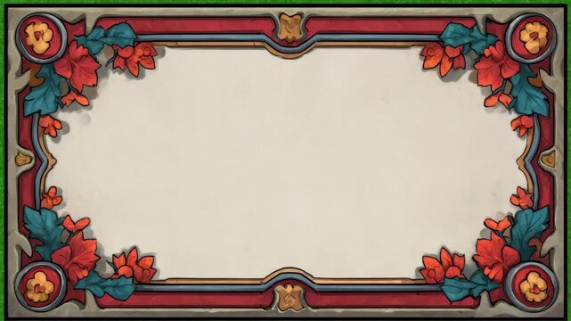 Ornate floral border frame with red flowers and teal leaves in hand-drawn style on beige background, concept of vintage card or invitation