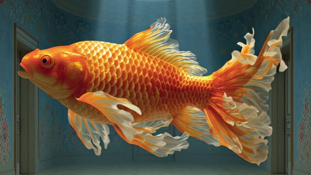 golden koi fish swimming through mid-air in bright room, surreal festive composition