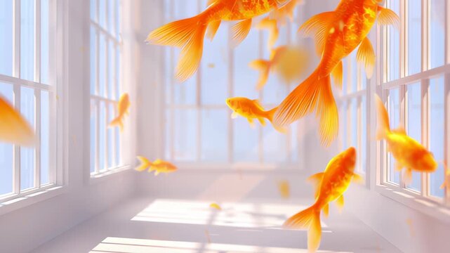 golden koi fish swimming through mid-air in bright room, surreal festive composition