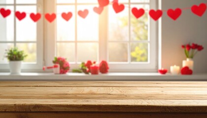 Cozy windowsill decorated with red hearts and roses for Valentines Day with sunlight.