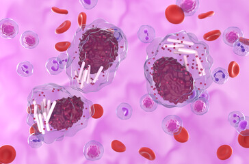 Chronic lymphocytic leukemia (CLL) cells in the blood flow - semi closeup view 3d illustration