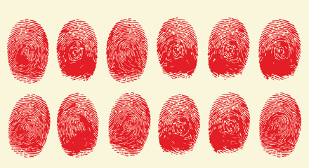 Twelve vibrant red fingerprint icons arranged in two rows against a pale cream background symbolizing identity security and forensic investigation concepts