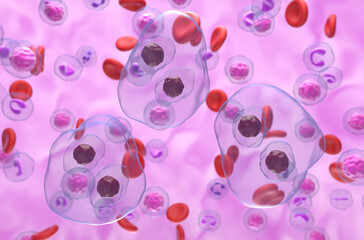 Hodgkin lymphoma (HL) cells in the blood flow - semi closeup view 3d illustration