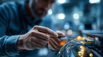 Faceless closeup of technician working with wire in server room, network cable management, IT infrastructure maintenance, data center cabling work, defocused hands with cables, with copy space