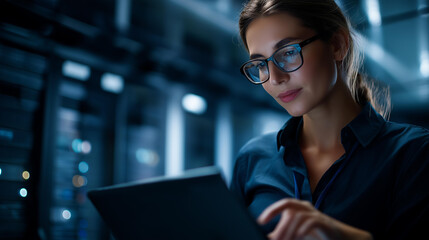 Faceless female IT specialist with servers, woman working with server racks in data center, Indian technology professional, network equipment management, defocused person, with copy space