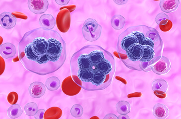 T-cell lymphoma cells in the blood flow - semi closeup view 3d illustration