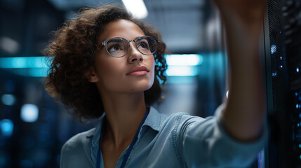 Faceless female IT specialist with servers, woman working with server racks in data center, Indian technology professional, network equipment management, defocused person, with copy space