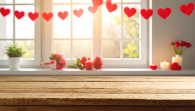 Cozy windowsill decorated with red hearts and roses for Valentines Day with sunlight. - Powered by Adobe