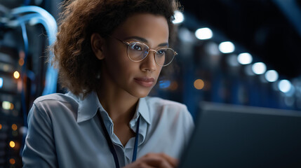 Faceless female IT engineer works in data center, analyzing network configurations on laptop while surrounded by server racks and numerous connected cables, defocused professional, with copy