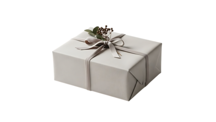 Light grey gift box with taupe ribbon and natural sprig