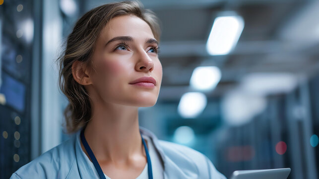 Faceless woman engineer server room, technology data center professional, female IT specialist, network facility worker, technology infrastructure manager, defocused person, with copy space - Powered by Adobe