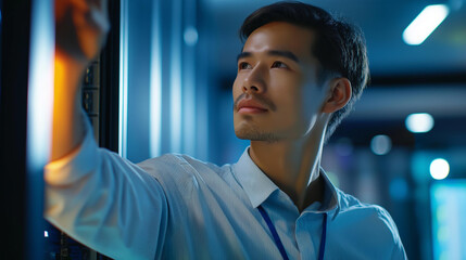 Faceless professional technician checking air circulation in server room, maintaining critical cooling systems for high-performance computing infrastructure, HVAC monitoring work, defocused