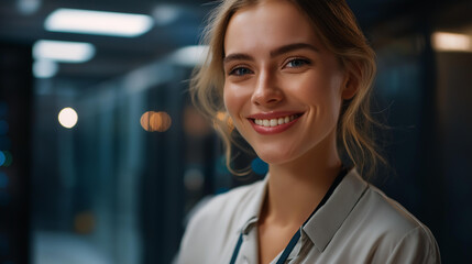 Faceless female technician smiling in data center server room, happy woman IT professional, positive network facility worker, cheerful technology specialist, defocused face, with copy space