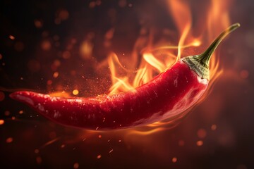 Burning Red Chili Pepper in Flames on Dark Background (JPG 300DPI 10800&times;7200)