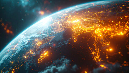 Earth at Night: A breathtaking view of Earth from space, with illuminated continents shimmering against the vast darkness, evoking a sense of wonder and the interconnectedness of our world.