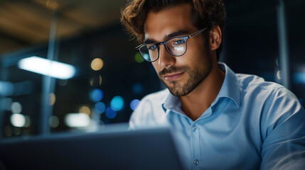 Faceless focused IT support executive in data storage company equipped to handle complex computational operations, doing checking on server devices, verifying efficiency parameters, defocused