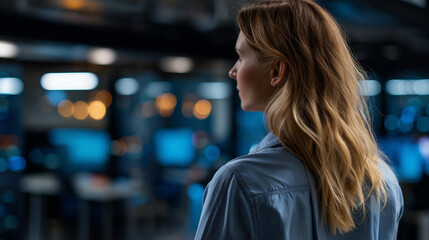 Faceless professional overseeing data center operations among rows of server racks, IT facility management, network infrastructure supervision, technology monitoring, defocused woman worker,