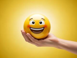 A hand holding a laughing emoji with a yellow background