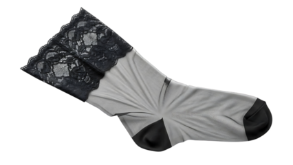Sheer grey sock with black lace trim and black toe