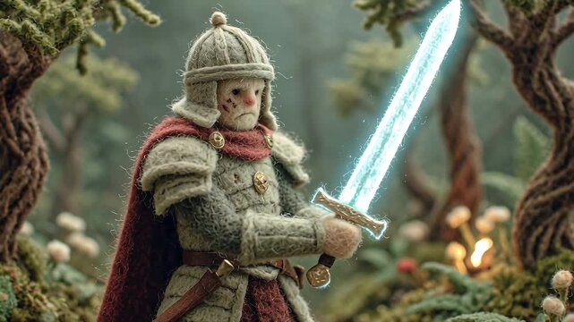 Brave Warrior in Intricate Armor Wielding a Luminous Sword in a Mystical Forest.