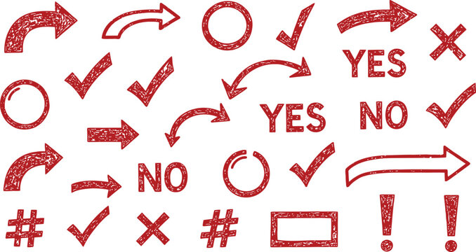 Collection of hand drawn red doodle symbols including arrows checkmarks yes no text circles hashtags and exclamation points for marking choices