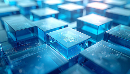 Blue Cubes Abstraction: An artistic view of numerous luminous, transparent blue cubes, creating a futuristic look, symbolizing technology and data. 