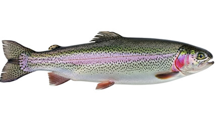 Rainbow trout isolated PNG on transparent background, freshwater fish with colorful iridescent skin and black spots, game fish for fishing and aquaculture