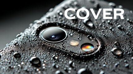 Closeup of a wet smartphone camera lens with water droplets and reflective texture