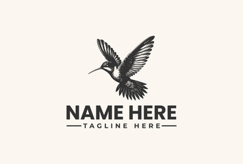 Fototapeta premium A black and white illustration of a hummingbird in flight with a customizable name and tagline on a plain background, featuring a vector logo design.