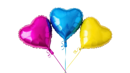 Three heart-shaped foil balloons PNG isolated on transparent background, pink blue and yellow party decorations for love and celebration