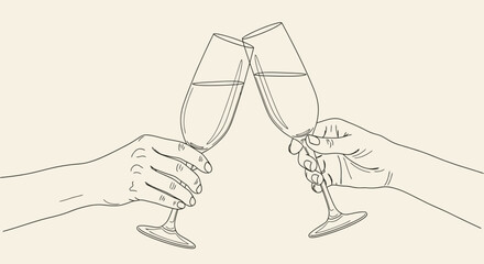 Minimalist line art illustration depicts two hands holding champagne flutes in a celebratory toast against a soft neutral background perfect for elegant design projects