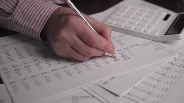 Hands Writing On Spreadsheet With Calculator, Analyst Marking Rows Of Figures On Printed Tables, Striped Shirt Sleeve Visible, CloseUp Of Pen Tracing Totals And Checking Columns, Focused