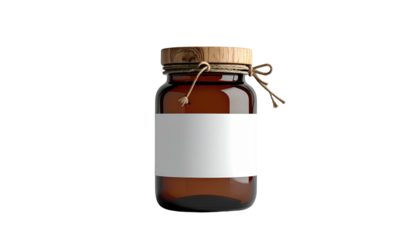 Amber glass jar with a blank label, sealed with a wooden lid and tied with twine, centered against a black backdrop