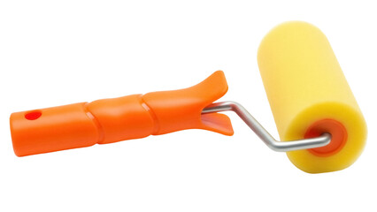 Yellow paint roller isolated PNG, painting tool with orange handle for home improvement and DIY projects on transparent background