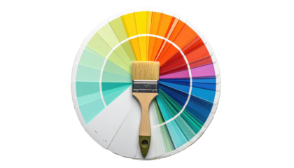 Paintbrush rests centrally on a circular rainbow of arranged color samples. Background is black