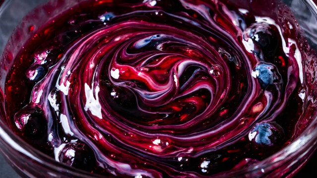 Texture of dark berry jam with creamy swirls. Macro top view of blueberry sauce mixing. Abstract food background