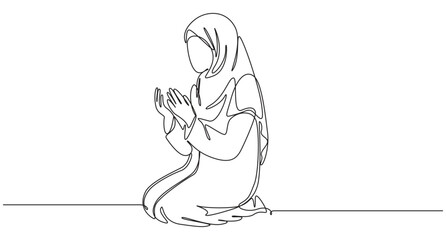 Continuous Line Drawing of a Muslim Woman Praying,Islamic holy month Ramadan Kareem concept minimalist one line art drawing vector illustration